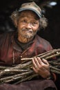 Portrait of a old nepalese man in cap in his house