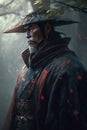 portrait of old samurai warrior in traditional Japanese armor in forest in rain. Generative AI illustration