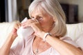 Portrait of older woman drinking tea on couch indoors Royalty Free Stock Photo