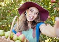 Portrait of one happy woman taking selfies while holding basket of fresh picked apples on sustainable orchard farm Royalty Free Stock Photo