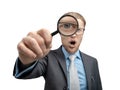 Portrait one man businessman with magnifying glass