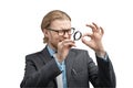 Portrait one man businessman with magnifying glass