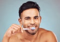 Portrait of one smiling young indian man brushing his teeth against a blue studio background. Handsome guy grooming and Royalty Free Stock Photo