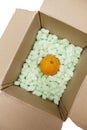 Open cardboard box with packing peanuts and orange in it Royalty Free Stock Photo