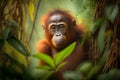 Portrait of an orang utan in rainforest of Borneo. Generative AI