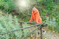 Portrait in orange coat posing in the park