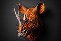 A portrait of orange origami rhinoceros on a black background. Created with Generative AI