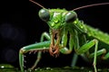 Portrait of an ordinary green mantis on a black background