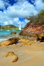 Beach Rocks & Sailboats, Falmouth Harbour, Antigua, West Indies Royalty Free Stock Photo