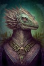 Portrait of ornate reptiloid, fantasy illustration, dark background Royalty Free Stock Photo