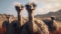 Portrait of ostriches on a farm. Generative AI,