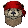 Portrait of otter. Cute animal head. Bandana. Pirate. Motorcycle.