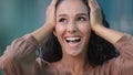 Portrait outdoors hispanic emotional girl brunette surprised enthusiastic amazed and astonish woman feels shock joy