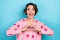 Portrait Of Overjoyed Crazy Cute Girl Wear Stylish Clothes Two Arm Show You Heart Figure Love Feelings Isolated On Blue