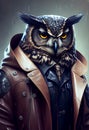 Portrait of a owl in human stylish clothes. Personification of animal features. Standing confidently and decisively.
