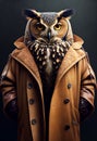 Portrait of a owl in human stylish clothes. Personification of animal features. Standing confidently and decisively.