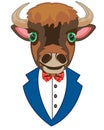 Vector illustration of the cartoon of the head of the oxen in tuxedo