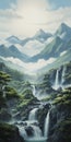 Mountain Waterfall: A Majestic Painting Inspired By Artgerm And Traditional Japanese Motifs