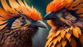 Portrait of a pair of beautiful orange parrots with orange feathers. 3d render