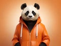 Portrait of a panda bear in an orange jacket on an orange background, cool panda in fashion, generative ai