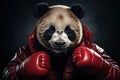 Portrait of a panda in a leather jacket and boxing gloves.