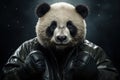 Portrait of a panda in a leather jacket and boxing gloves.