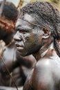 Portrait of a papuans man with a grid on the head on Baliem Valley festival