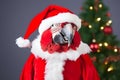 Portrait of a Parrot Dressed in a Red Santa Claus Costume in Studio with Colorful Background