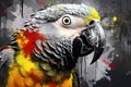 Portrait of a parrot, grayscale with splashes that reveal vibrant colors