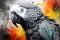 Portrait of a parrot, grayscale with splashes that reveal vibrant colors