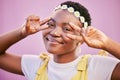 Portrait, peace or face of happy black woman with smile, sunflower crown or positive success mindset. Purple wall, hands Royalty Free Stock Photo