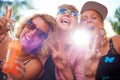 Portrait, peace sign and funny friends in sunglasses outdoor, blowing bubbles and laughing together in summer. Face Royalty Free Stock Photo