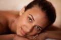 Portrait, peace and woman in spa to relax for vitality or wellbeing, luxury and pamper for body care or treatment Royalty Free Stock Photo