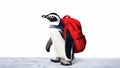 Portrait of a penguin with red backpack going to school