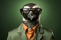 Penguin with sunglasses wearing suit and shirt on solid background. Generative AI