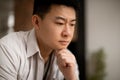 Portrait of pensive middle aged korean man sitting on couch at home, looking for solutions, touching chin, copy space Royalty Free Stock Photo