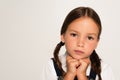 portrait of pensive schoolkid with hands