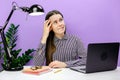 Portrait of pensive troubled secretary employee young female in shirt sitting work at white office desk with pc laptop, looking on