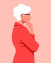 Portrait of a pensive woman in a profile. An elderly employe is meditating. Side view.