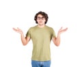 Portrait of perplexed and confused man, hands raised outstretched, shrugging shoulders, isolated on white background. Don`t know Royalty Free Stock Photo