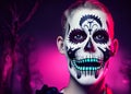 portrait of a person with scary makeup done for day of the dead, dia de los Muertos, traditional holiday in Mexico