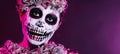 portrait of a person with scary makeup done for day of the dead, dia de los Muertos, traditional holiday in Mexico