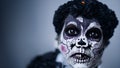 portrait of a person with scary makeup done for day of the dead, dia de los Muertos, traditional holiday in Mexico