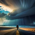 A portrait of a person walking down a lonely road heading towards a beach without fear of the storm ahead.