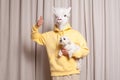 Portrait of person wearing lama mask in yellow hoodie holding little white dog showing thumb up on beige studio wall background