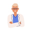 Portrait of pharmacist in eyewear and medical coat. Avatar of smiling health worker in uniform. Colored flat cartoon