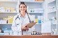 Portrait, pharmacy and woman with clipboard, checklist and inventory. Pharmacist, female and girl writing, prescription Royalty Free Stock Photo