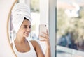 portrait, phone selfie and woman, towel and bathroom for skincare, beauty and cleaning in mirror reflection. Face, girl