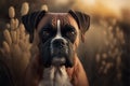 Portrait photo of an adorable Boxer dog. Boxer Dog closeup view. Field around. generative AI Royalty Free Stock Photo