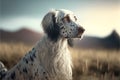 Portrait photo of an adorable English Setter dog. Confident purposeful Dog looking right. Field around. generative AI